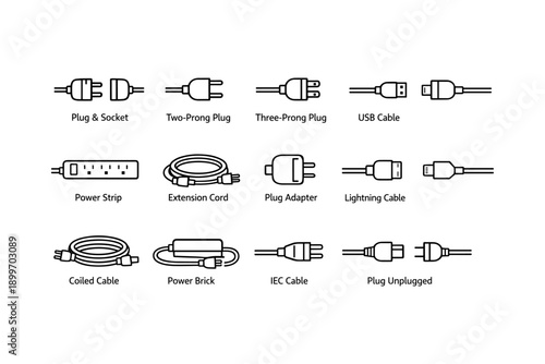 Various electrical plugs and cables diagram: usb, power strip, lightning, coiled, iec
