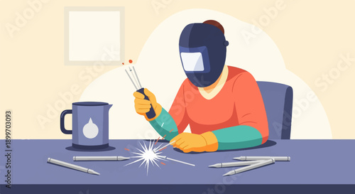 A person wearing a welding mask and gloves is welding metal on a table