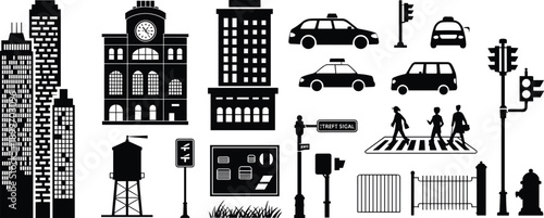 Urban city infrastructure and traffic element icon set, transportation building street signal silhouette vector collection isolated white background illustration