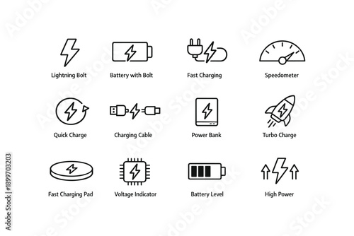 Electric icons: charging, speed, power symbols for technology
