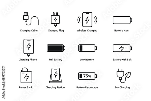 Set of charging and battery icons for electronic devices