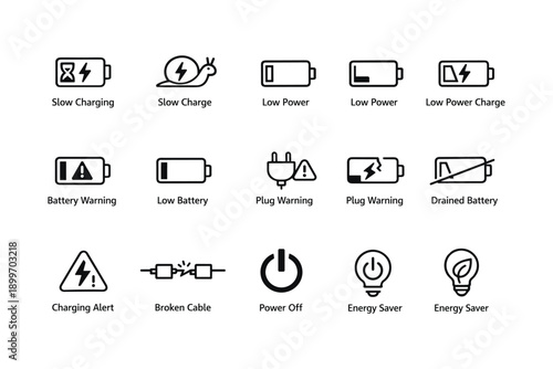 Battery and power warning icons: slow charging, low power, energy saver