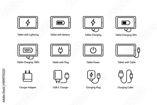 Tablet charging icons: lightning, battery, plug, power, usb-c, adapter, cable