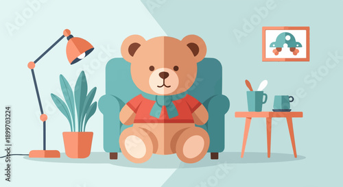 A cuddly teddy bear sits relaxed in a cozy armchair by a lamp and plant