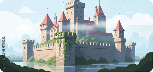 A majestic medieval castle rises from mist by a tranquil lake under a pale sky