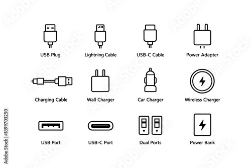 Collection of charging devices and ports: usb, lightning, usb-c, power bank, and adapters