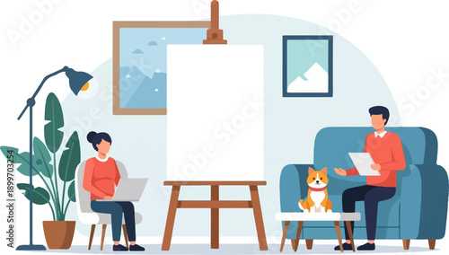 A comfortable room with people, a dog, and an easel