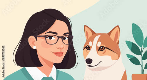 A person with glasses and a dog look at the viewer with a plant in the background