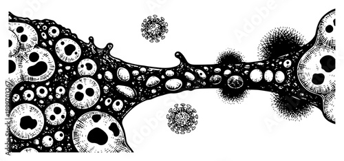 Biological hand drawn illustration of microbes cells and virus particles in a dark organic style