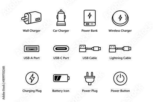 Essential charging accessories: wall and car chargers, power banks, cables, plugs, icons
