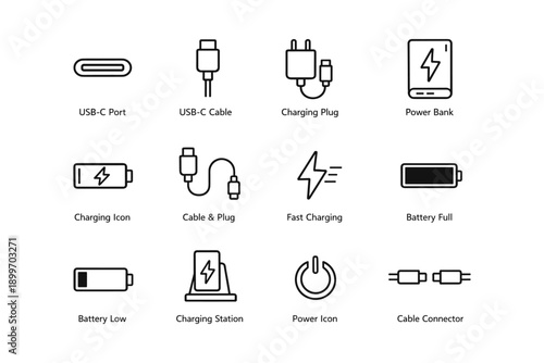Usb-c and charging icons set featuring cables, plugs, power bank, and battery icons