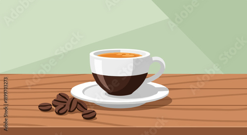 A cup of dark coffee rests on a saucer with scattered coffee beans