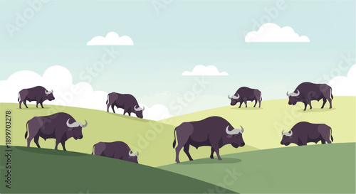 A herd of dark purple buffalo roam across a rolling green landscape under a sky with clouds