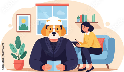 A person with a dog's head reads a book while a woman sits on a sofa