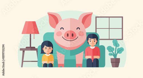 Cheerful pig and children relax together on a couch in a cozy room