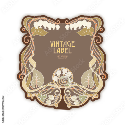 Decorative flowers and leaves in art nouveau style, vintage, old, retro style. Border, frame, template for product label, cosmetic packaging. Easy to edit. Vector illustration.