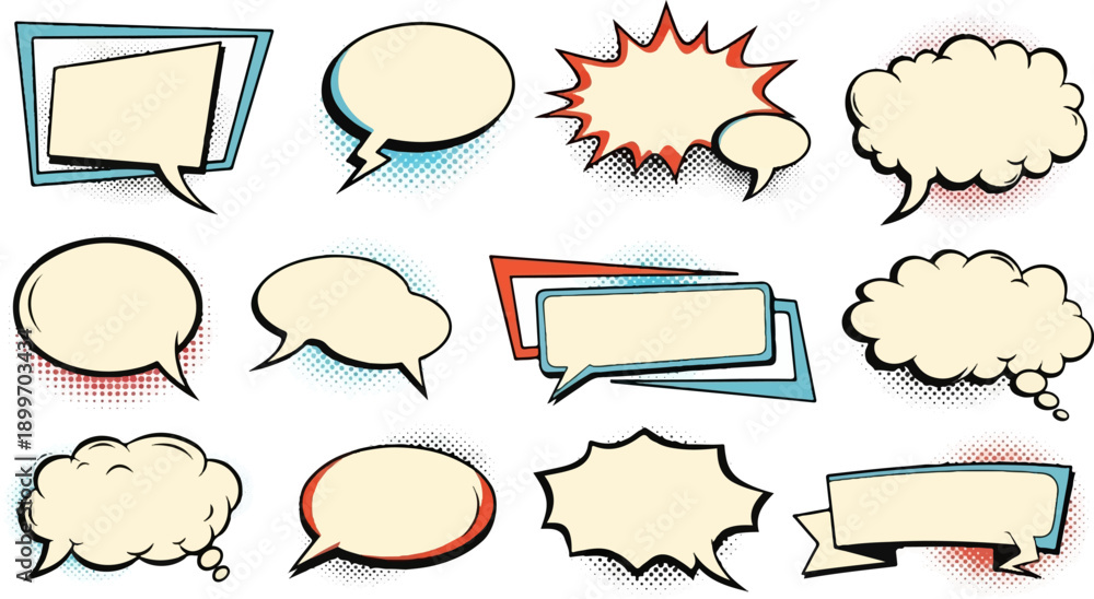 Obraz premium A comic-style collection of empty speech and thought bubbles with halftone dots