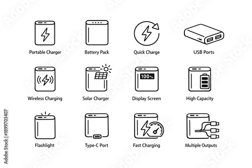 Portable charger icons: usb, wireless, solar, display, outputs