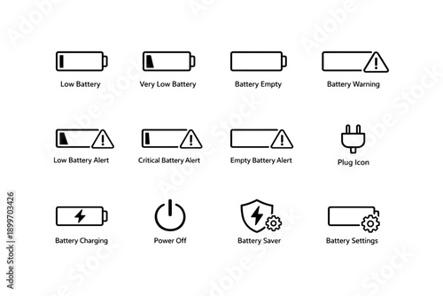 Battery status icons: low, critical, charging, and power alerts overview