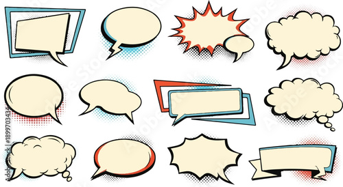 A comic-style collection of empty speech and thought bubbles with halftone dots