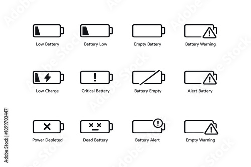 Battery status icons set: low, empty, warning, critical, depleted alerts