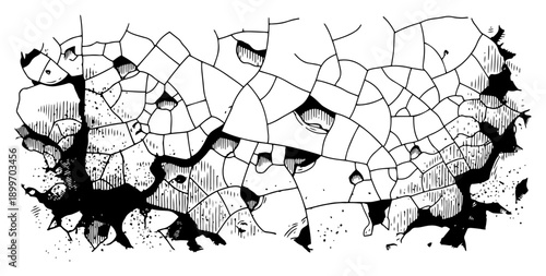 Abstract ink drawing of heavily cracked surface texture