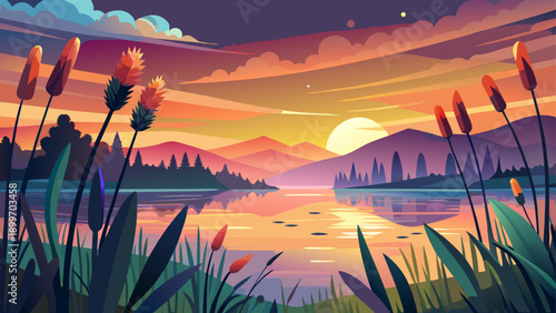 Very beautiful lakeside sunset scene with cattails and blooming wildflowers, soft bokeh light, warm colors, and tranquil atmosphere reflecting seasonal beauty and natural harmony.