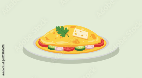 A delicious, folded omelet filled with fresh vegetables and topped with cheese