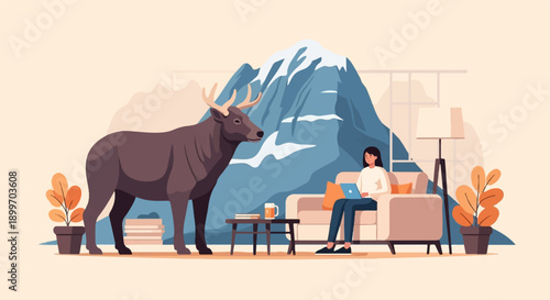 A person works on a laptop in a cozy room with a large deer and snowy mountains