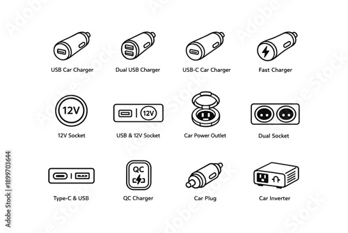 Assorted car chargers and power outlets icons