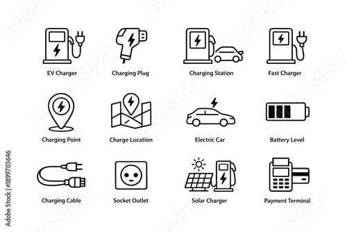 Electric vehicle charging icons: ev charger, plug, station, map, car, battery, cable, outlet