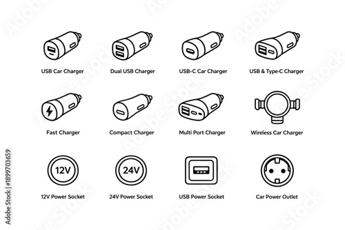 Icon set illustrating various types of car chargers and power sockets