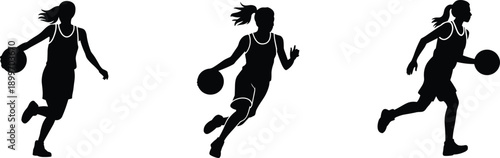 Women basketball player silhouette set showing dribbling running ball control isolated on white background sports fitness training competition illustration