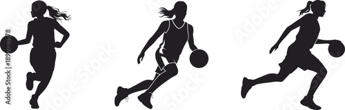 Women basketball player silhouette set showing dribbling running ball control movement isolated on white background sports fitness training illustration