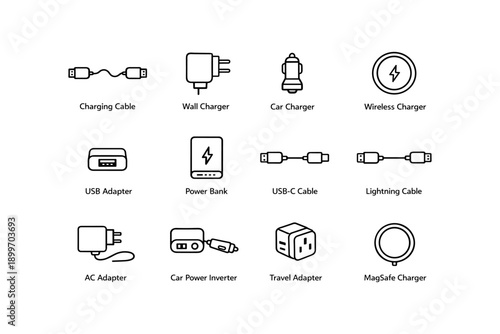 Charging accessories icons: cables, chargers, adapters, wireless, usb, power bank