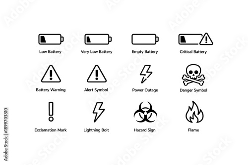 Battery alerts and warning symbols: icons for low power and hazards