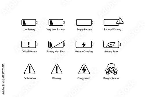 Battery icons set: warning, charging, low power, energy, danger