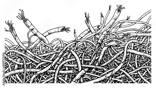 Hand drawn illustration of tangled electric cables and frayed wires