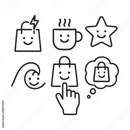 Shopping bag with happy faces and related symbols star coffee cup wave