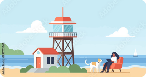 A person works on a laptop on a beach with a dog and a lifeguard tower