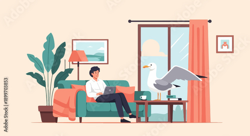 A person works on a laptop on a couch as a seagull stands nearby