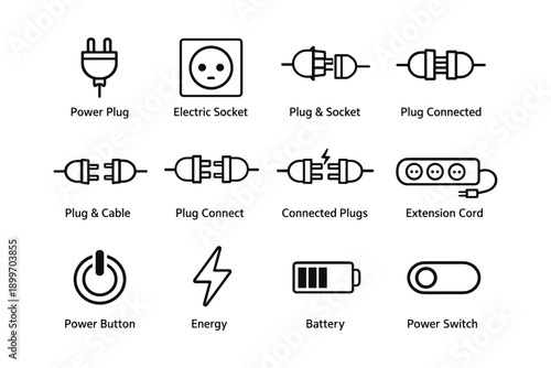 Electrical symbols: power plug, socket, extension cord, energy icons set