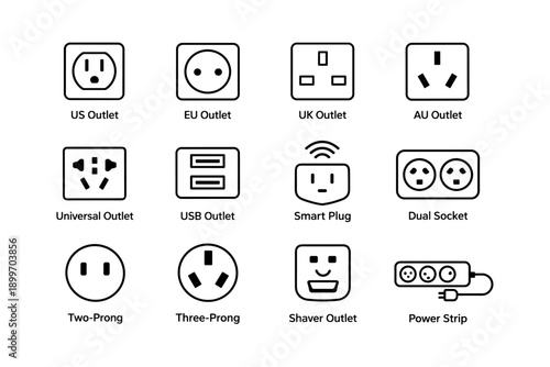 International power outlets and plug types with icons