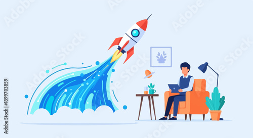 A person works on a laptop while a rocket launches into the sky