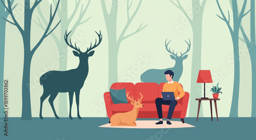 A person works on a laptop on a red couch, a deer rests nearby