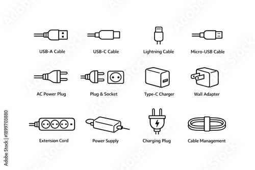 Variety of cables and plugs: usb, lightning, ac power, and more