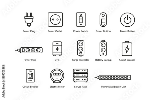 Icon set of electrical and power devices including power plug and circuit breaker