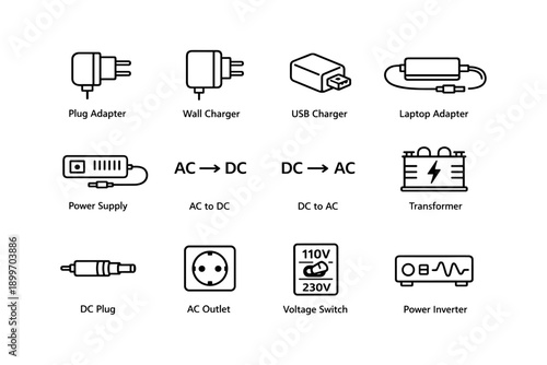 Essential electrical devices: plugs, chargers, and power conversions illustrated icons