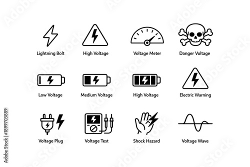 Electrical symbols set: lightning bolt, voltage meter, plug, shock hazard, wave