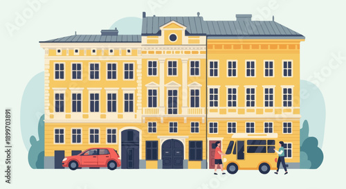 Cheerful yellow buildings with people, car, and bus on a light background